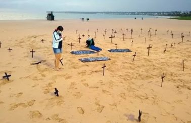 Manifestantes espalham cruzes em praia de João Pessoa em protesto contra Bolsonaro