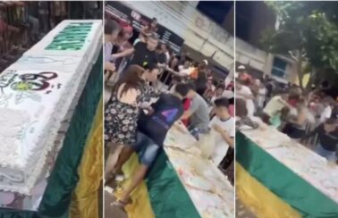 Festa de aniversário de cidade no Ceará tem guerra de bolo, e vice-prefeito é atingido