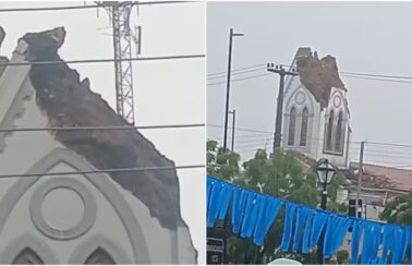 Torre e teto de igreja desabam durante chuva no Ceará, e duas pessoas ficam feridas